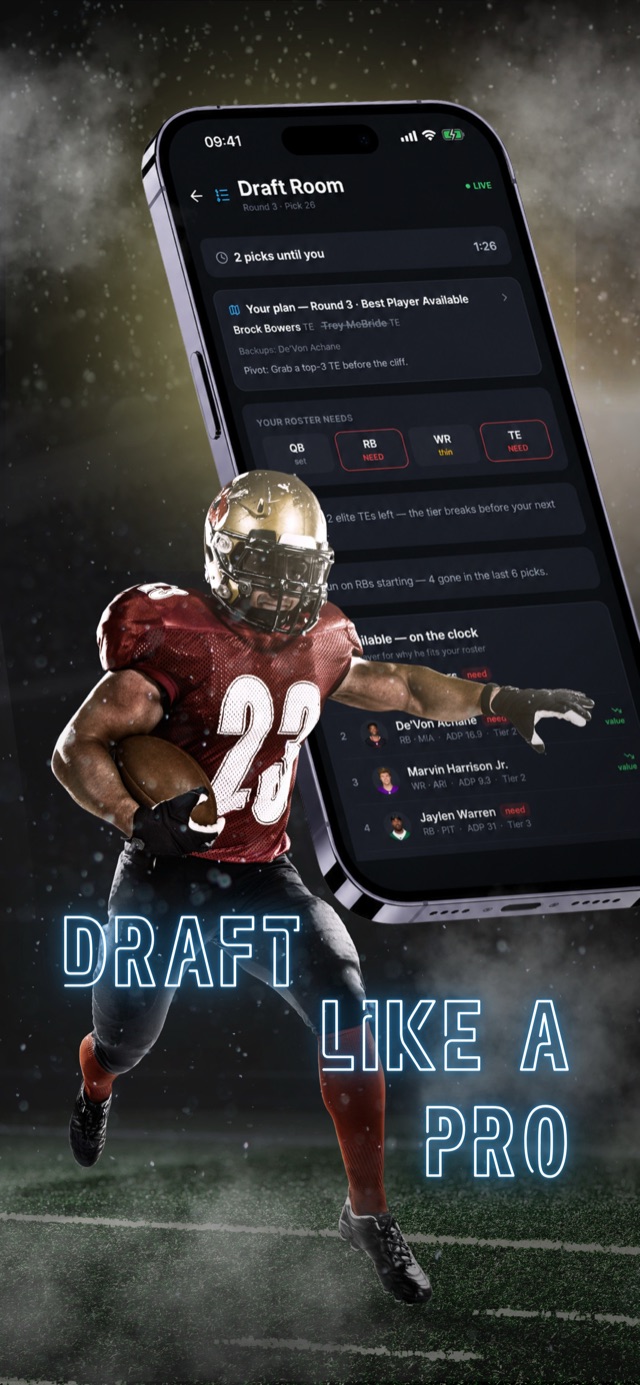 Draft like a pro – live draft room with pick recommendations