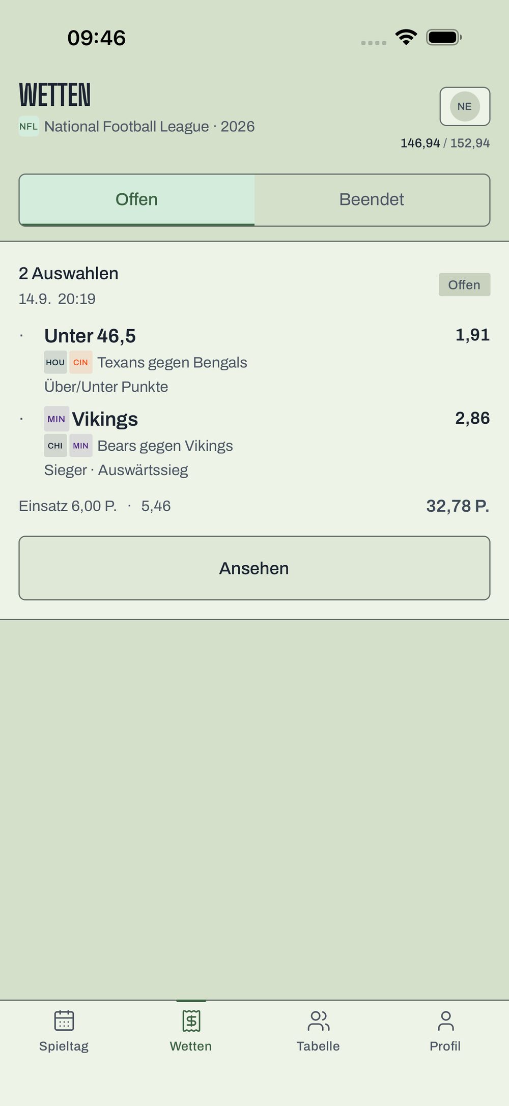 Der Wettschein in NFL Quote mit Einsatz und möglichem Gewinn