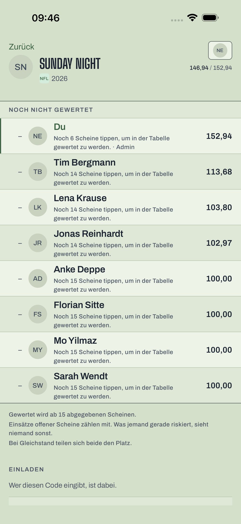 Eine Runde in NFL Quote mit acht Mitspielern und ihrem Guthaben
