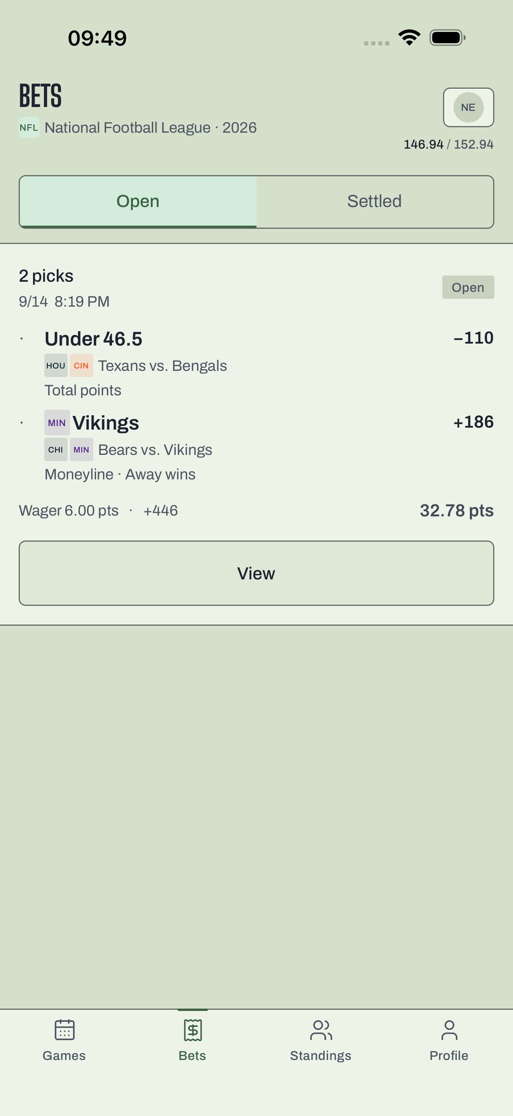 The bet slip in NFL Quote with wager and payout