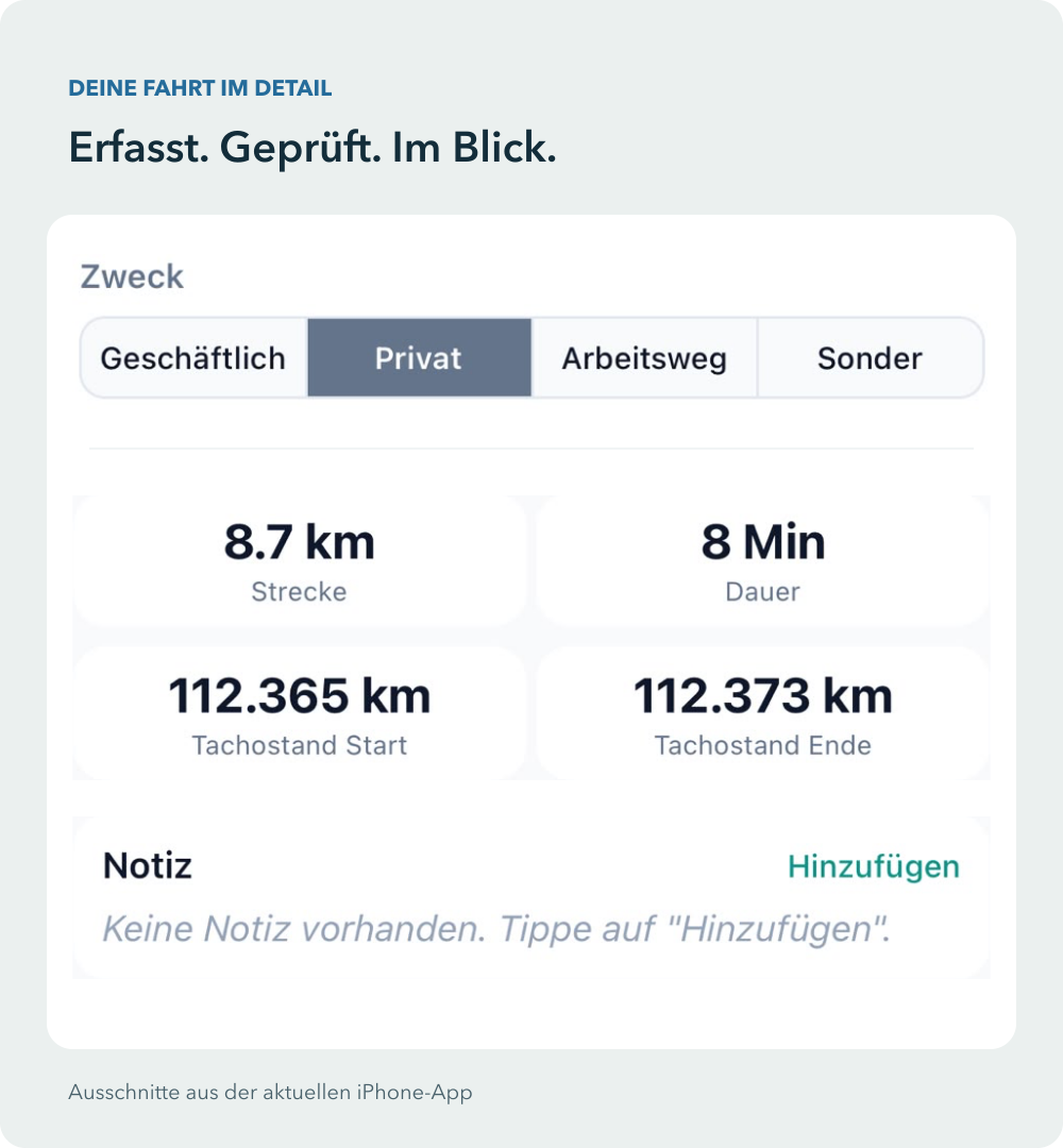 Route2Bee: Aktuelle Zweckauswahl in den Fahrtdetails